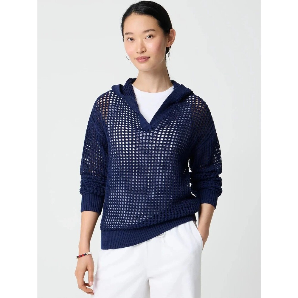 J.CREW Open-Stitch Hoodie S Antique Navy Cotton Sweater Casual Layering NWT B99
